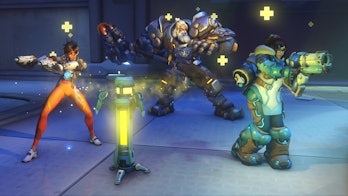 screenshot of Tracer, Mei, and Reinhardt in Overwatch 2