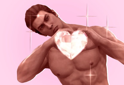 Kiryu from the Yakuza video game with a pink color filter, holding a crystal heart topless