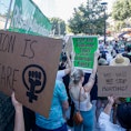 People in Los Angeles protest the Supreme Court's decision to overturn 'Roe v. Wade' on June 27, 202...