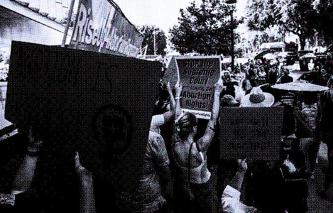 People in Los Angeles protest the Supreme Court's decision to overturn 'Roe v. Wade' on June 27, 202...