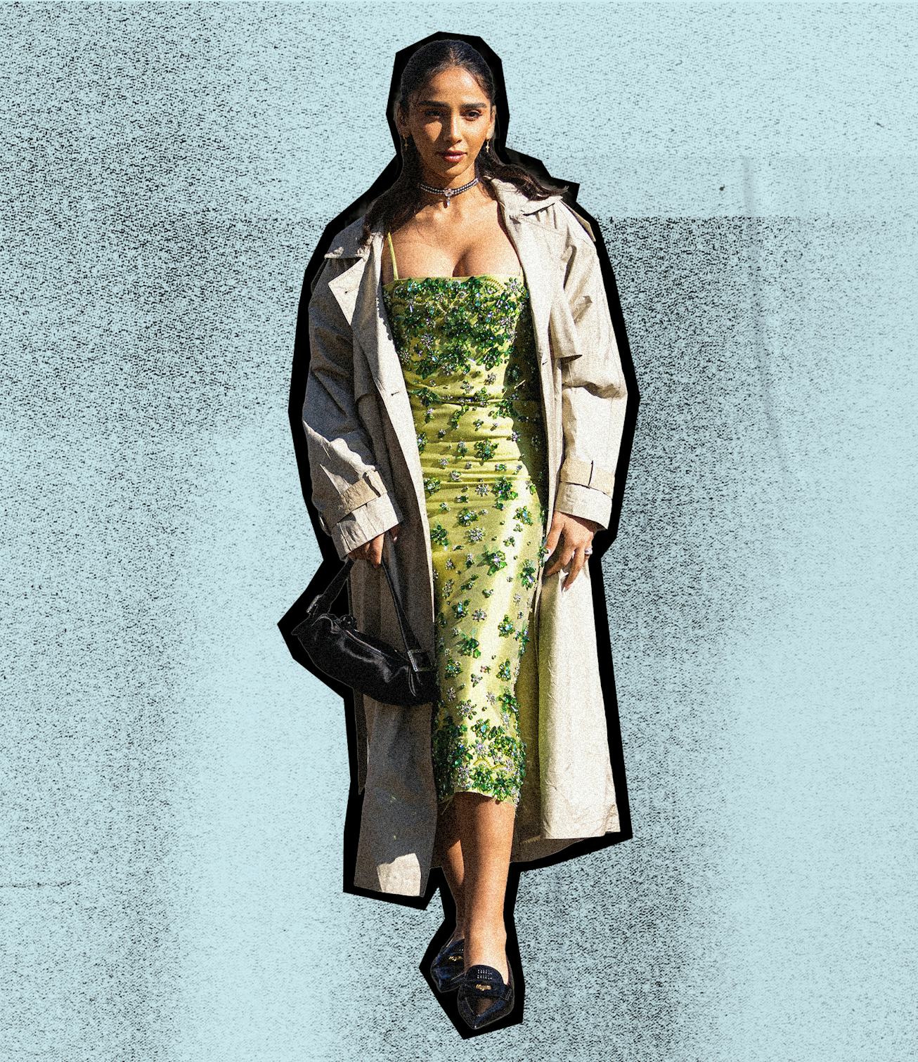 Female in a green vintage dress and white coat