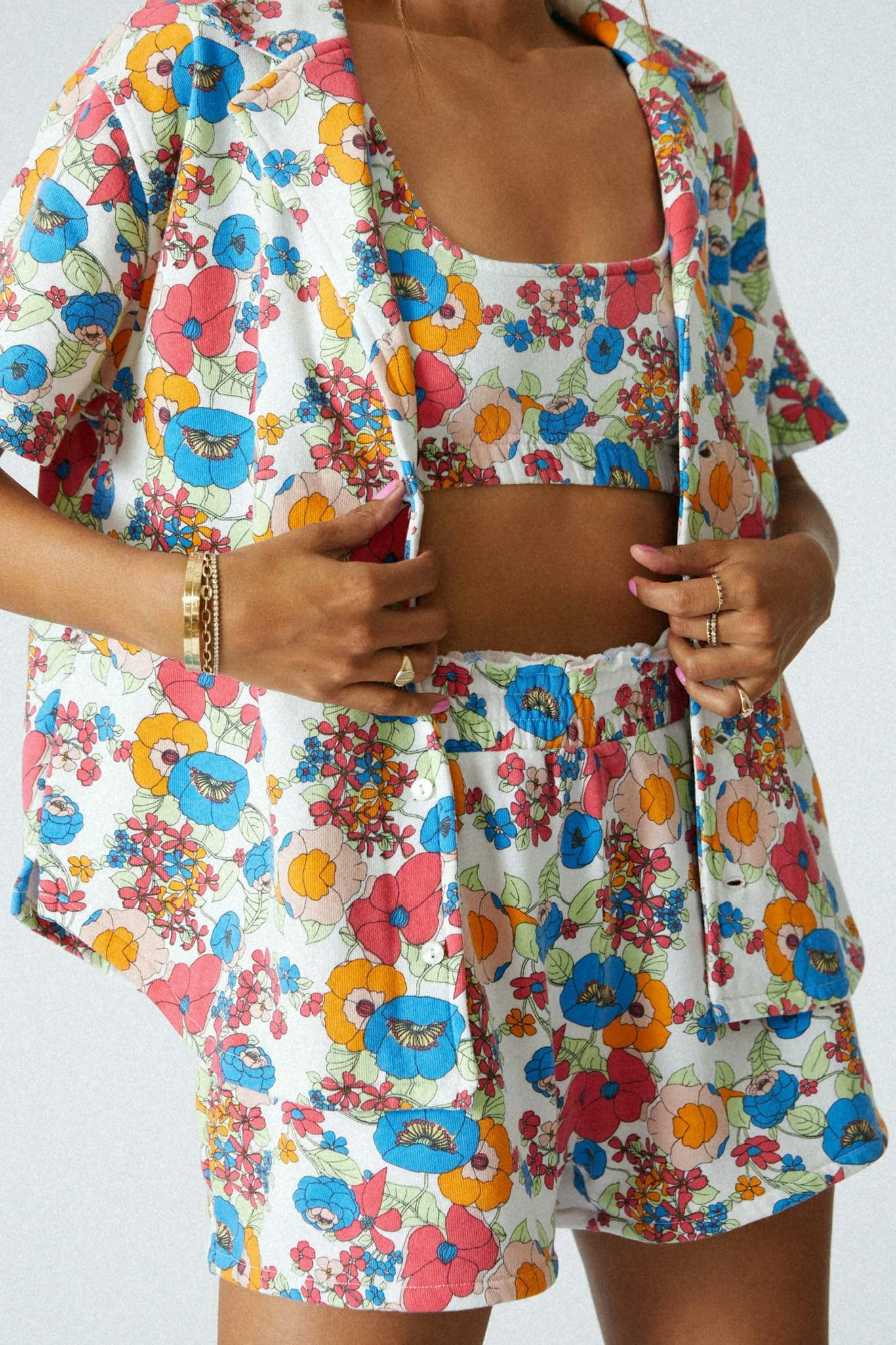 model wearing fern button down kit from sincerely Jules for bandier