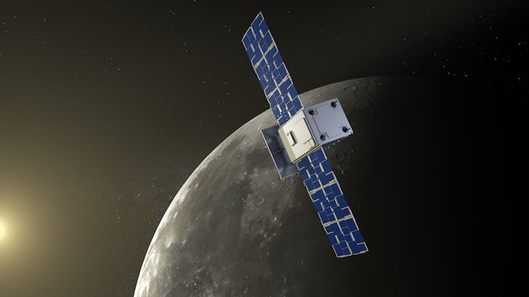 Color illustration of cubesat with deployed solar panels with moon in background
