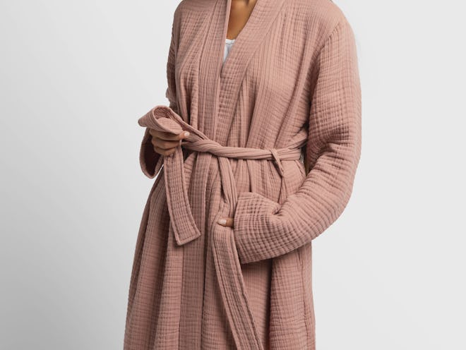 model wearing cloud cotton robe in pink