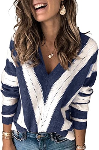 Asvivid Color- Block Striped V-Neck Sweater 
