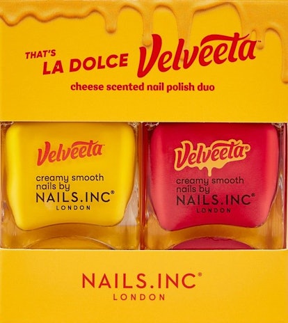 Velvetta and Nails.INC's collaboration featuring a yellow and red nail polish.
