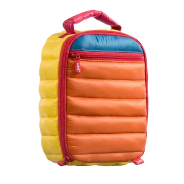 A multi-colored, puffer lunch bag from South Coast Baby Co.
