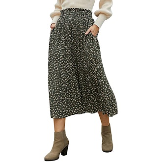 EXLURA High Waist Polka Dot Pleated Skirt 