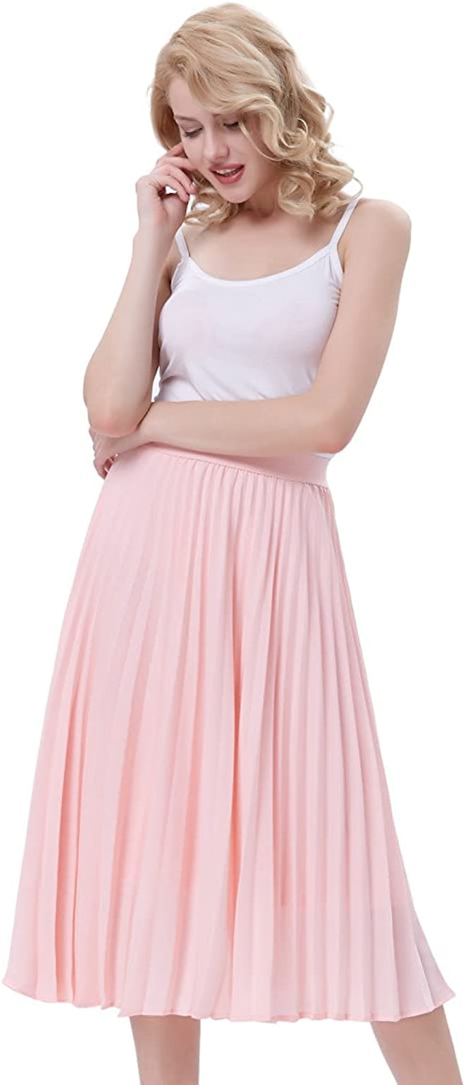 Kate Kasin High-Waisted Pleated A-Line Swing Skirt