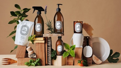 Diptyque Line of Luxury Home Cleaning Goods placed on wooden blocks next to each other with plants i...