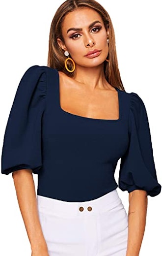 Romwe Casual Puff Sleeve Square Neck Top