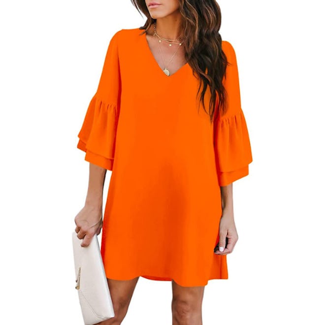 BELONGSCI V-Neck Bell Sleeve Shift Dress