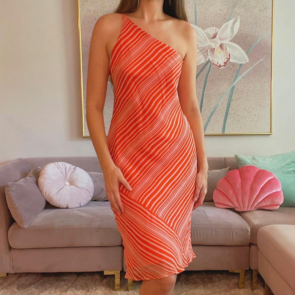 90's Orange & White Silk Stripe Dress / SZ 6