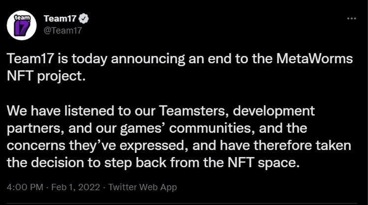 image announcing Team17 canceling NFT plans