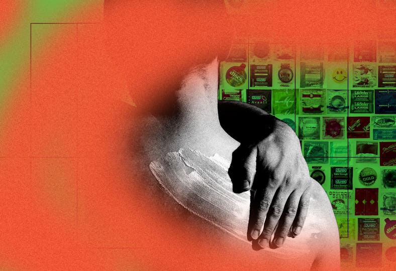 Man touching his back with his left hand