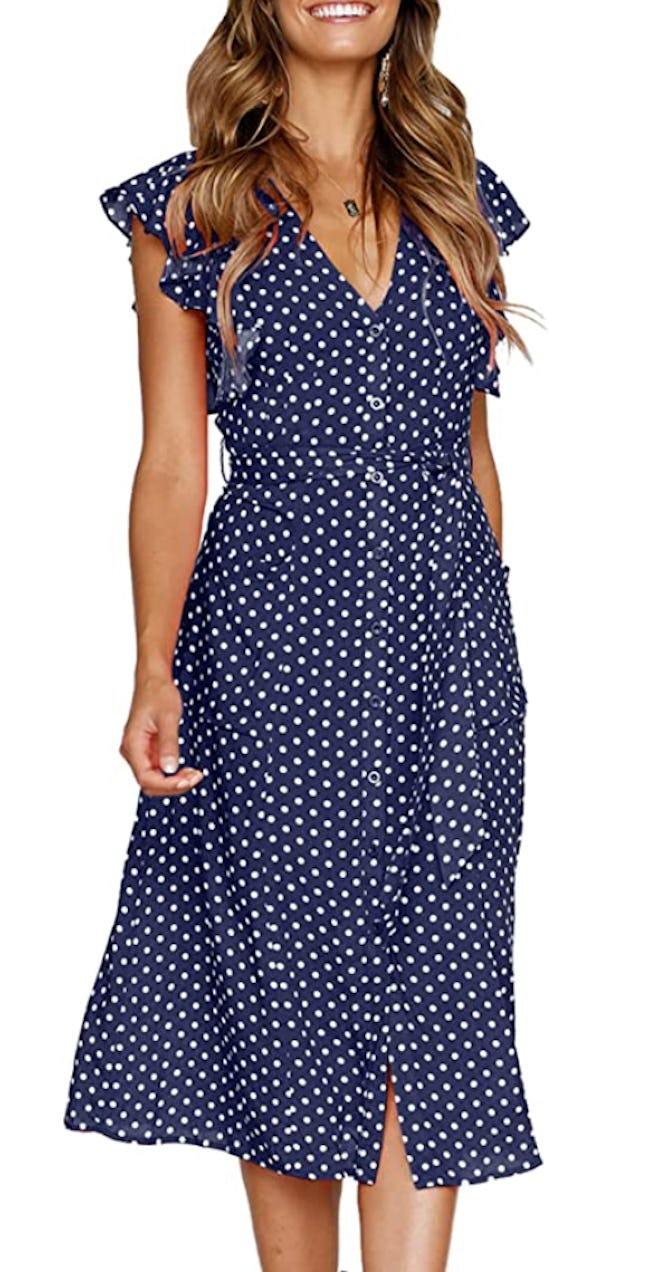MITILLY Polka Dot Sleeveless V Neck Swing Midi Dress