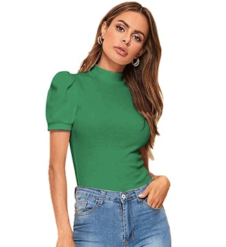 Floerns Mock Neck Puff Sleeve Top