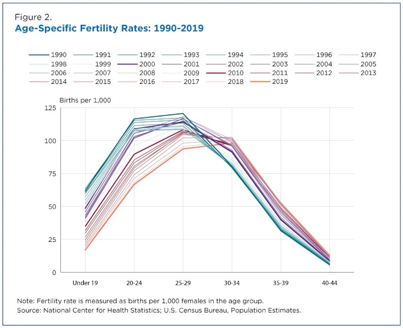 A chart showing the fertility rate broken down by year and age. Fertility rate is measured as births...
