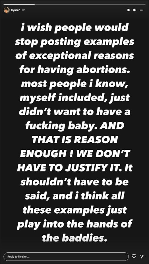 Lily Allen's Instagram Stories post about abortions