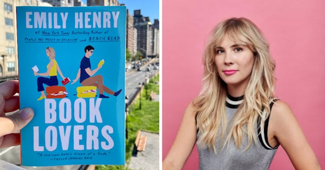 Author Emily Henry and the over of her "Book Lovers" novel book