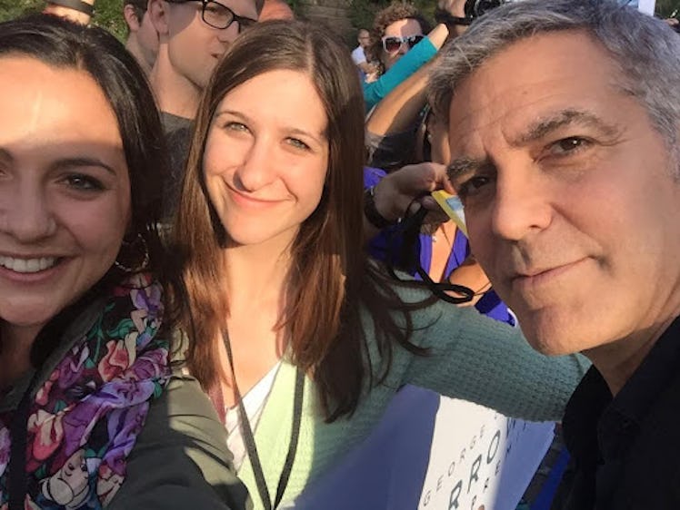 Erin Weiss and Anna Petrelli at the premiere of Tomorrowland at Disneyland with George Clooney.