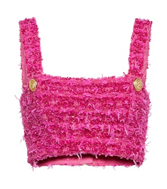 Balmain + Barbie Cropped Button-Embellished Metallic Bouclé-Tweed Top