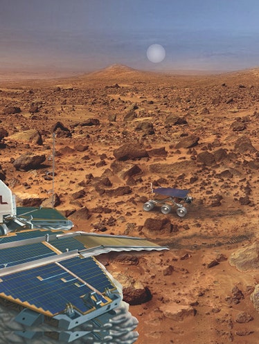 Illustration of a rover and lander on Mars