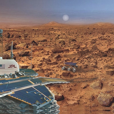 Illustration of a rover and lander on Mars