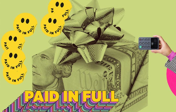 A gift box wrapped with United stated bills decorated with golden gift ribbon, with a Mic "Paid in ...