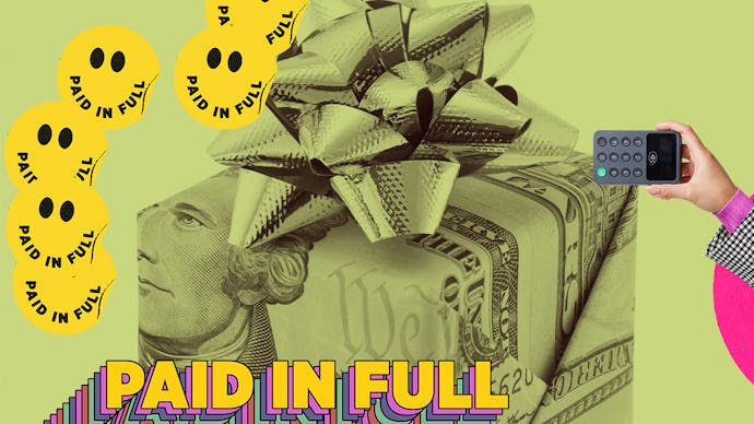 A gift box wrapped with United stated bills decorated with golden gift ribbon, with a Mic "Paid in ...