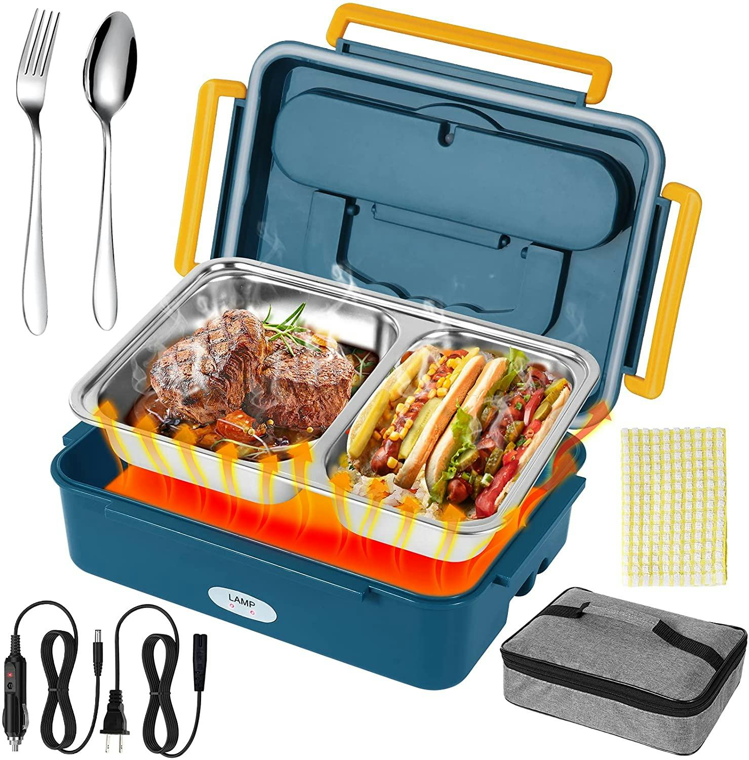 This electric lunch box plugs into the car or the wall and has two compartments to separate food.