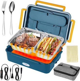 This electric lunch box plugs into the car or the wall and has two compartments to separate food.