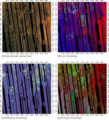 This four-panel montage shows different aspects of the tile mosaic composed of data collected over t...