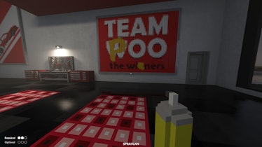 A screenshot of a room with tables and a TV and a large poster in the game Teardown