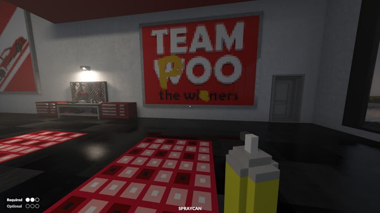 A screenshot of a room with tables and a TV and a large poster in the game Teardown