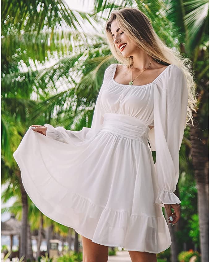 EXLURA Lantern Sleeve Ruffle Dress