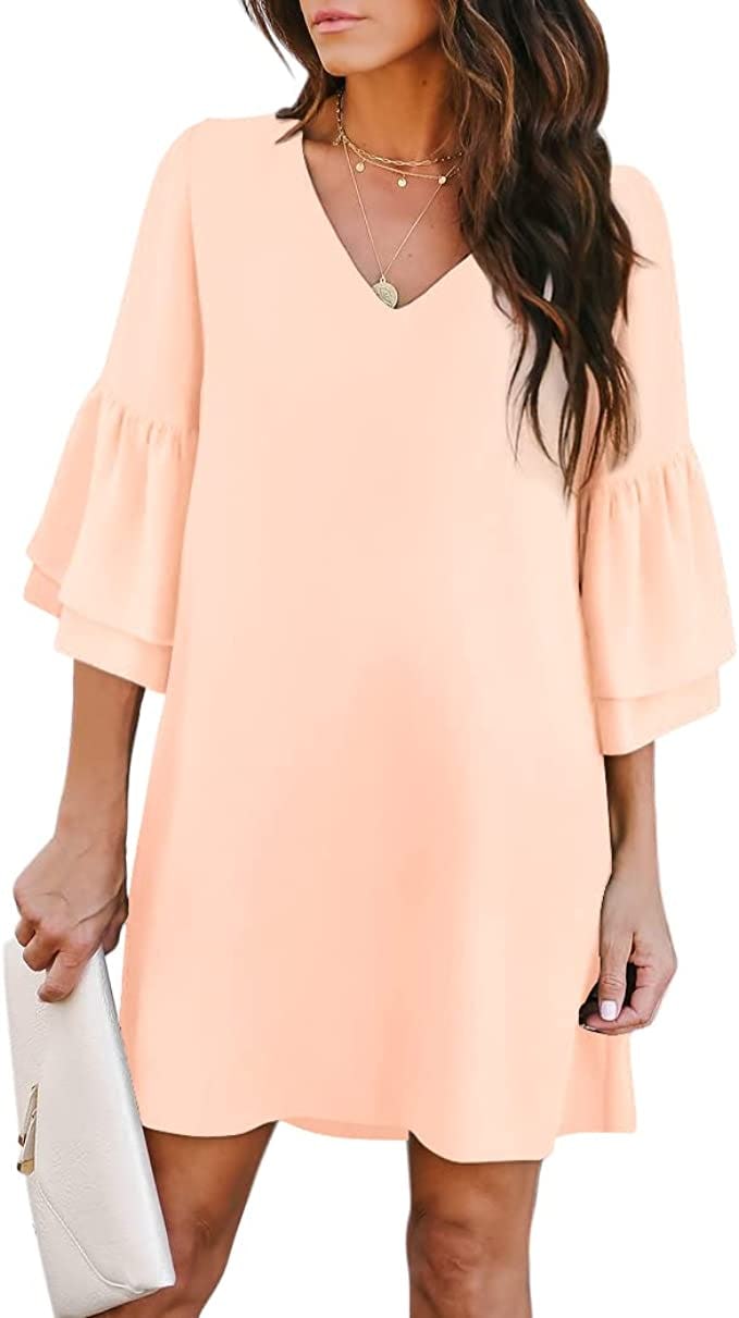 BELONGSCI V-Neck Bell Sleeve Shift Dress