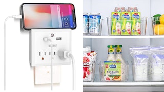 A clean food organization in the fridge and a phone charging using an organized electric socket