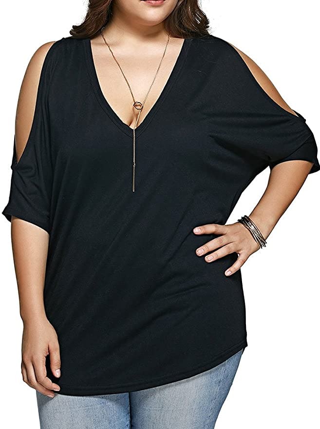 ALLEGRACE V-Neck Short Sleeve Cold Shoulder T Shirt