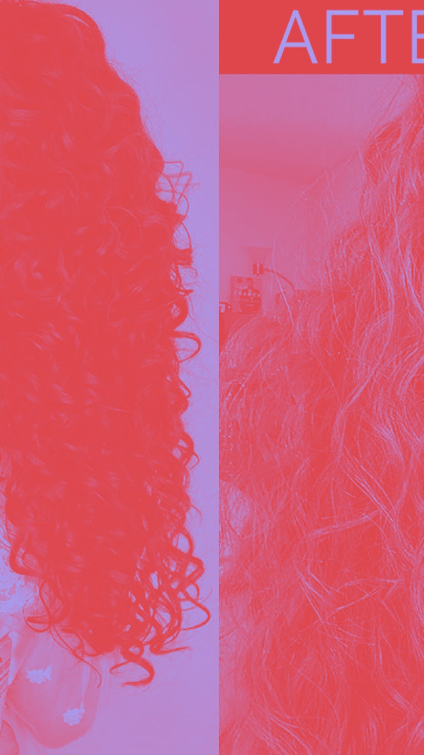 A before and after picture from Ayesha Malik showing the alleged damage caused by DevaCurl