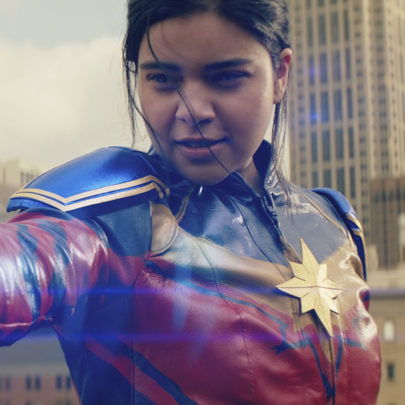 Iman Vellani flying in the air as Ms. Marvel
