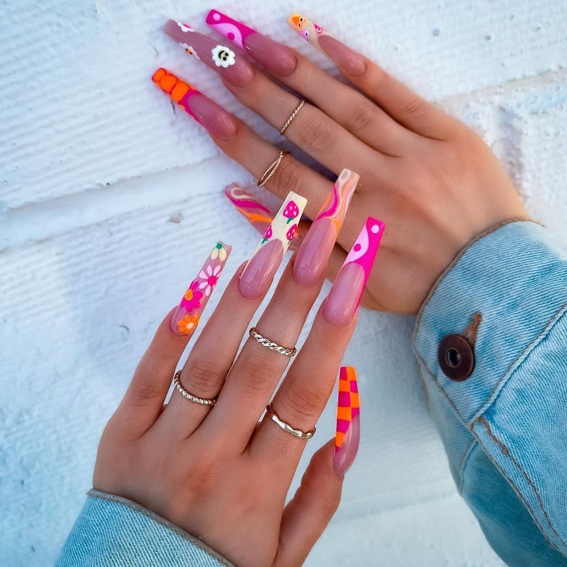 Go all-out with different prints on each coffin-shaped nail.