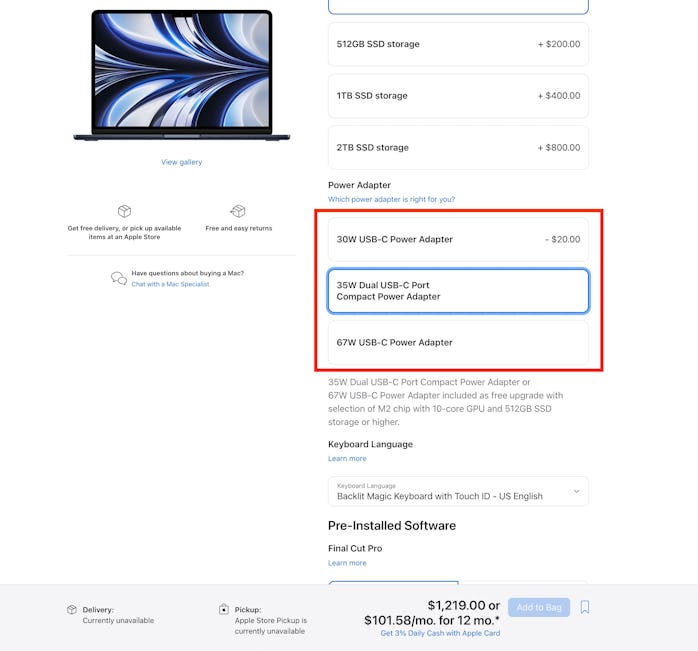The M2 MacBook Air's dual USB-C charger costs $20 extra