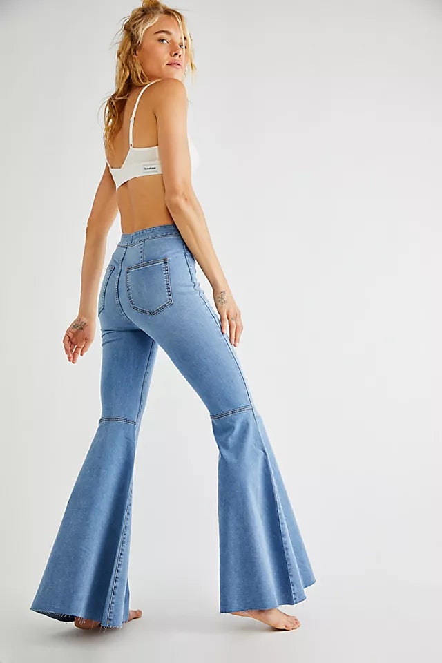 Washed Bell Bottom Front Seam Flare Pants in Light Blue - The