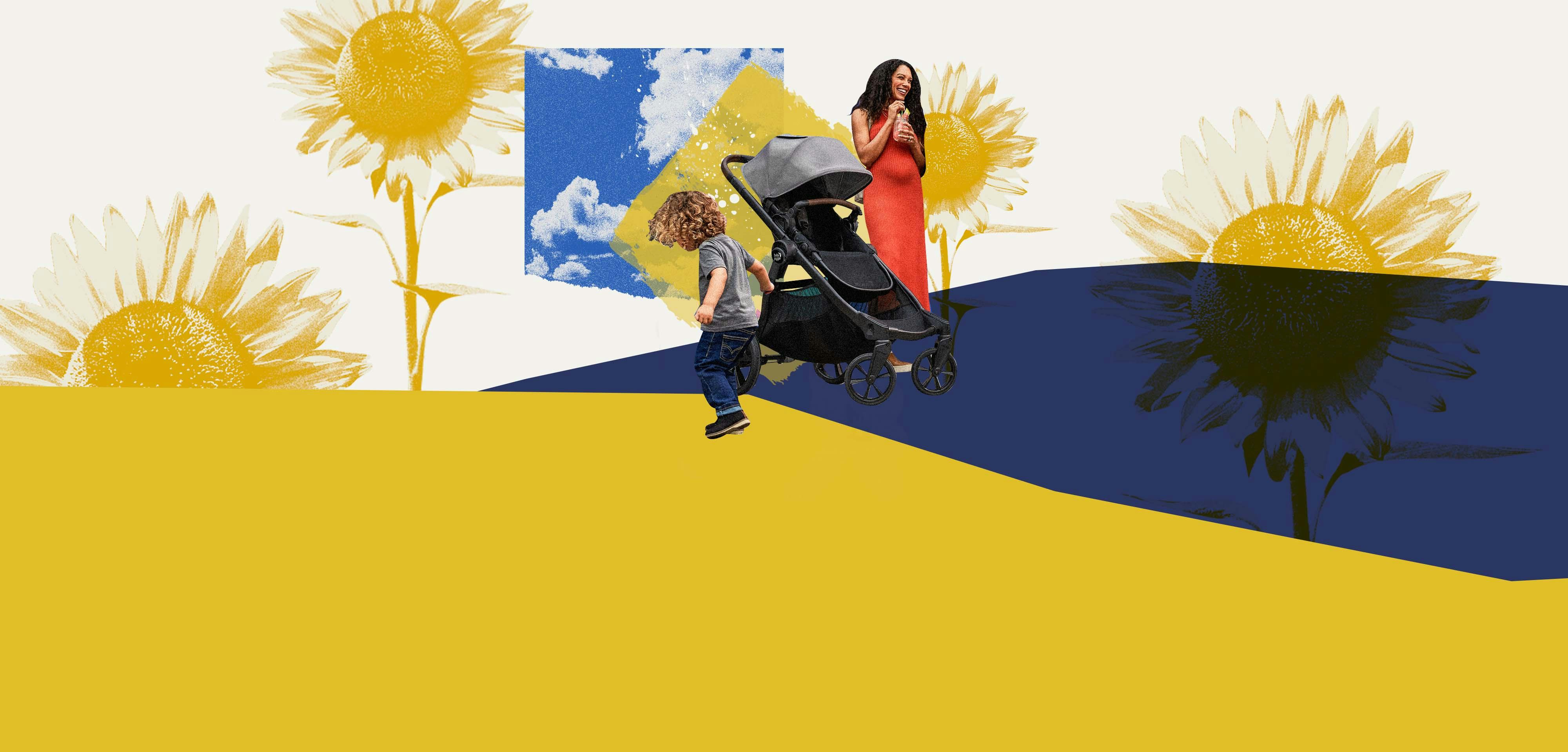 A collage of a mom and her kid on a fresh-air outing, an illustrated dandelion and the sky 