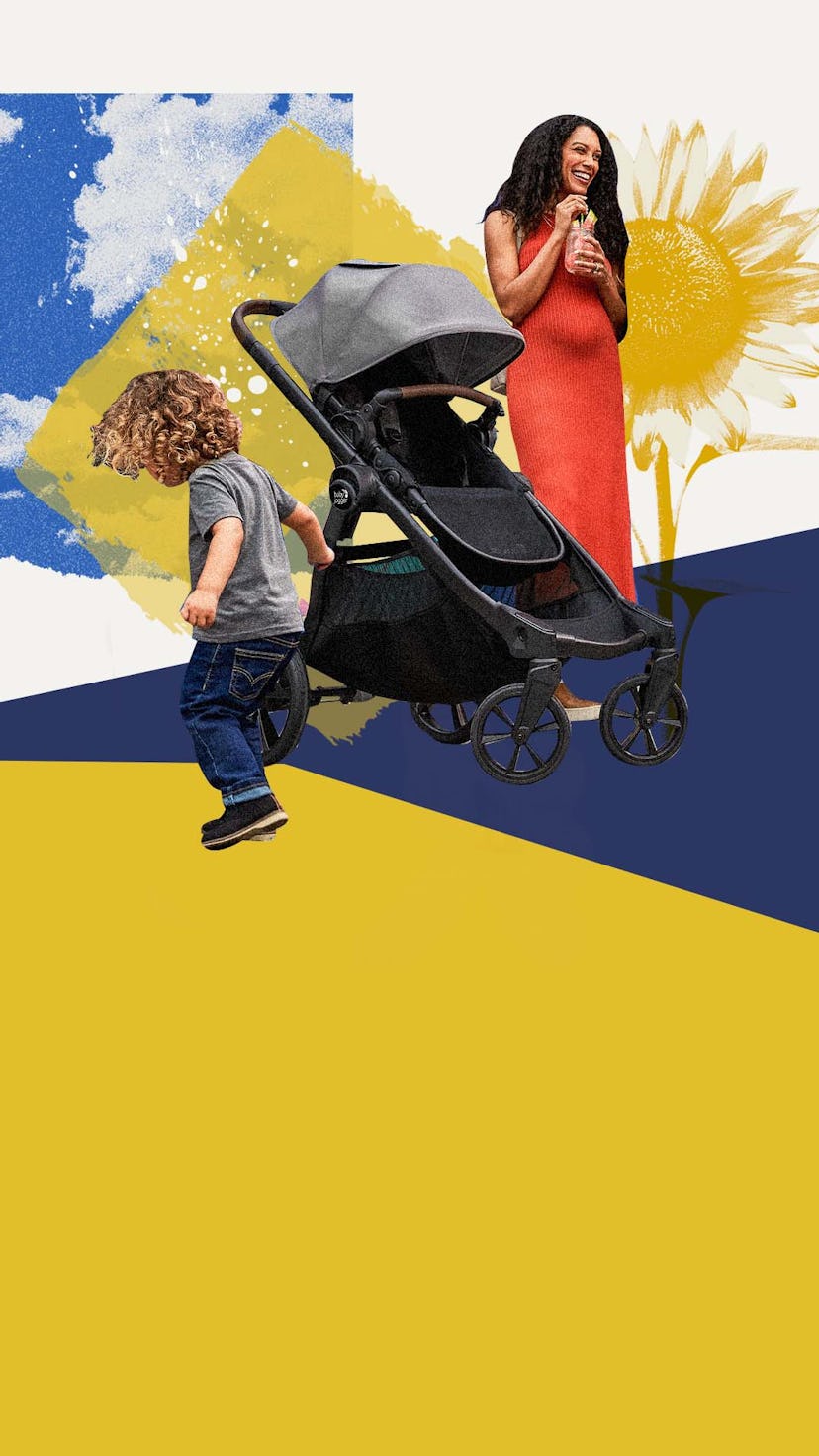 A collage of a mom and her kid on a fresh-air outing, an illustrated dandelion and the sky
