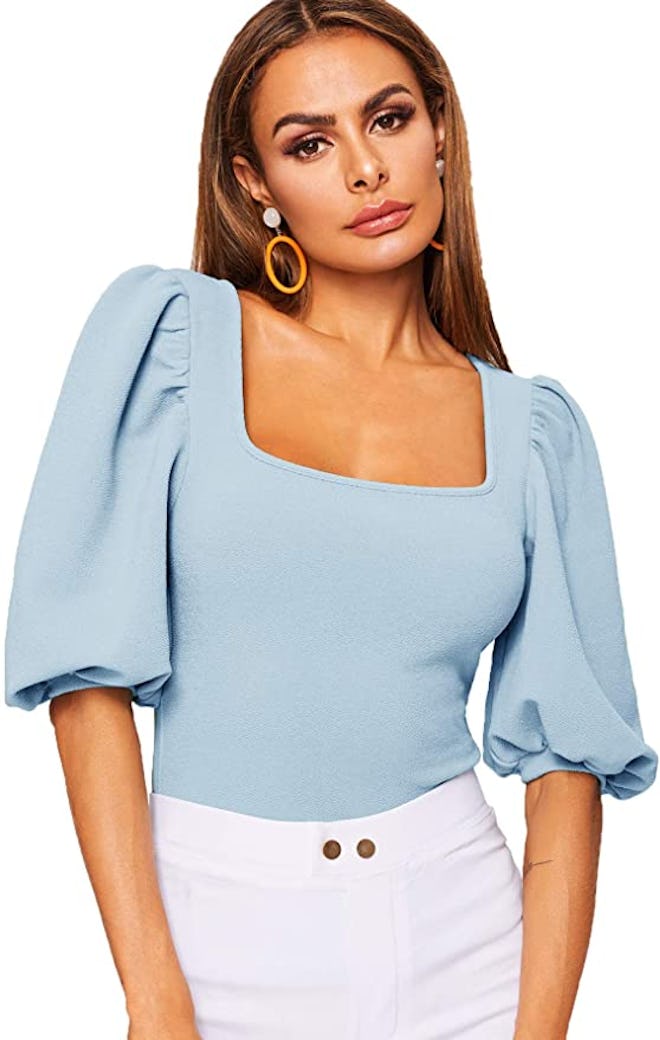 Romwe Puff Sleeve Square Neck Top
