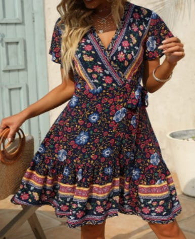 ZESICA Wrap V Neck Mini Dress