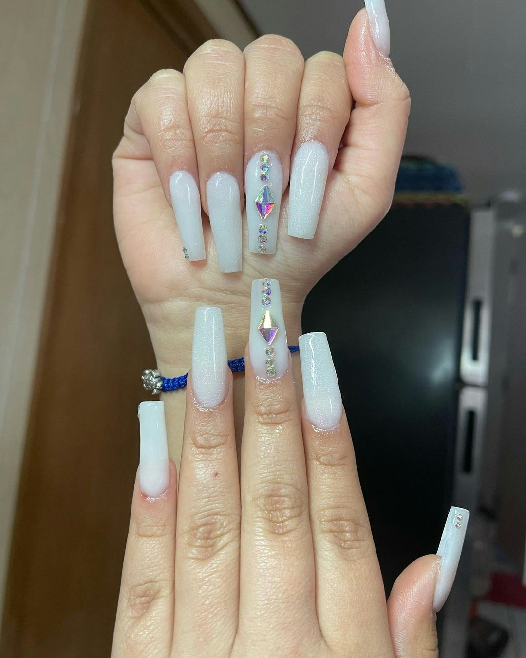 French Tip with Small Gems Short Coffin Shape Nails – KAY Artisan Nails