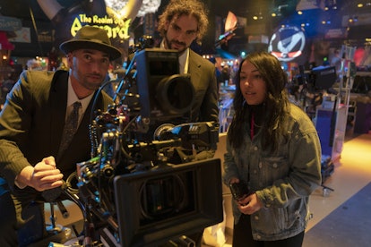Directors Bilall Fallah and Adil El Arbi, with Ms. Marvel co-creator Sana Amanat, on the set of Ms. ...